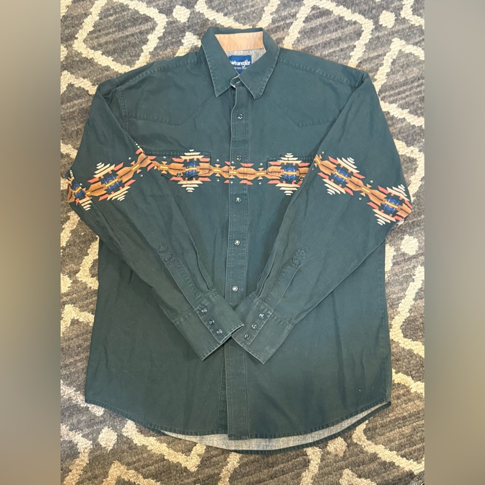 Wrangler Western Shirt Men Green Aztec Print Long Sleeve Cotton